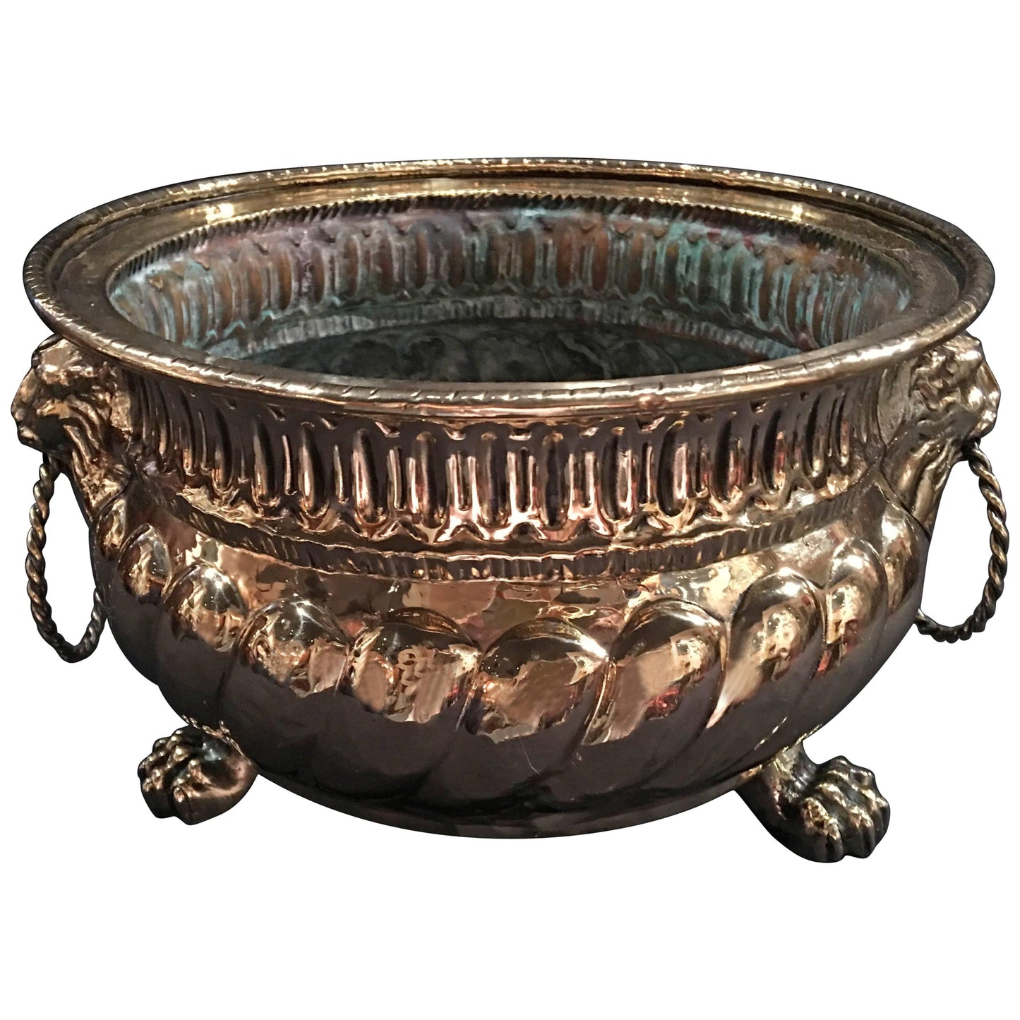 French Polished Brass Jardiniere with Lion Ring Handles, 19th Century
