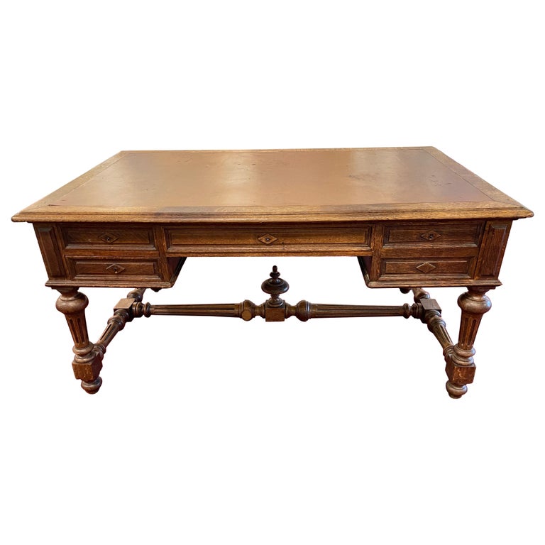 Large French Oak Desk with Four Drawers and Leather Top, 19th Century