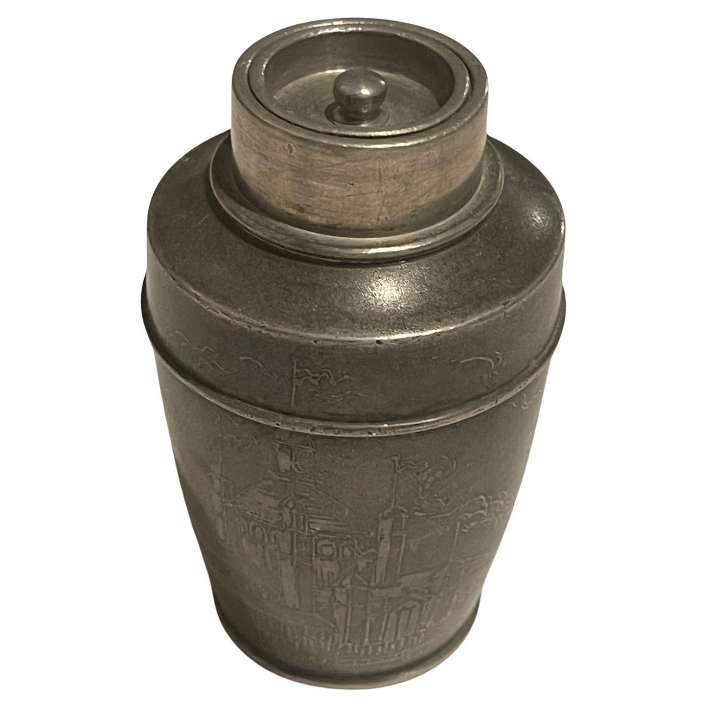 Chinese Pewter Tea or Tobacco Container with Engraved Scene Around, 19th Century
