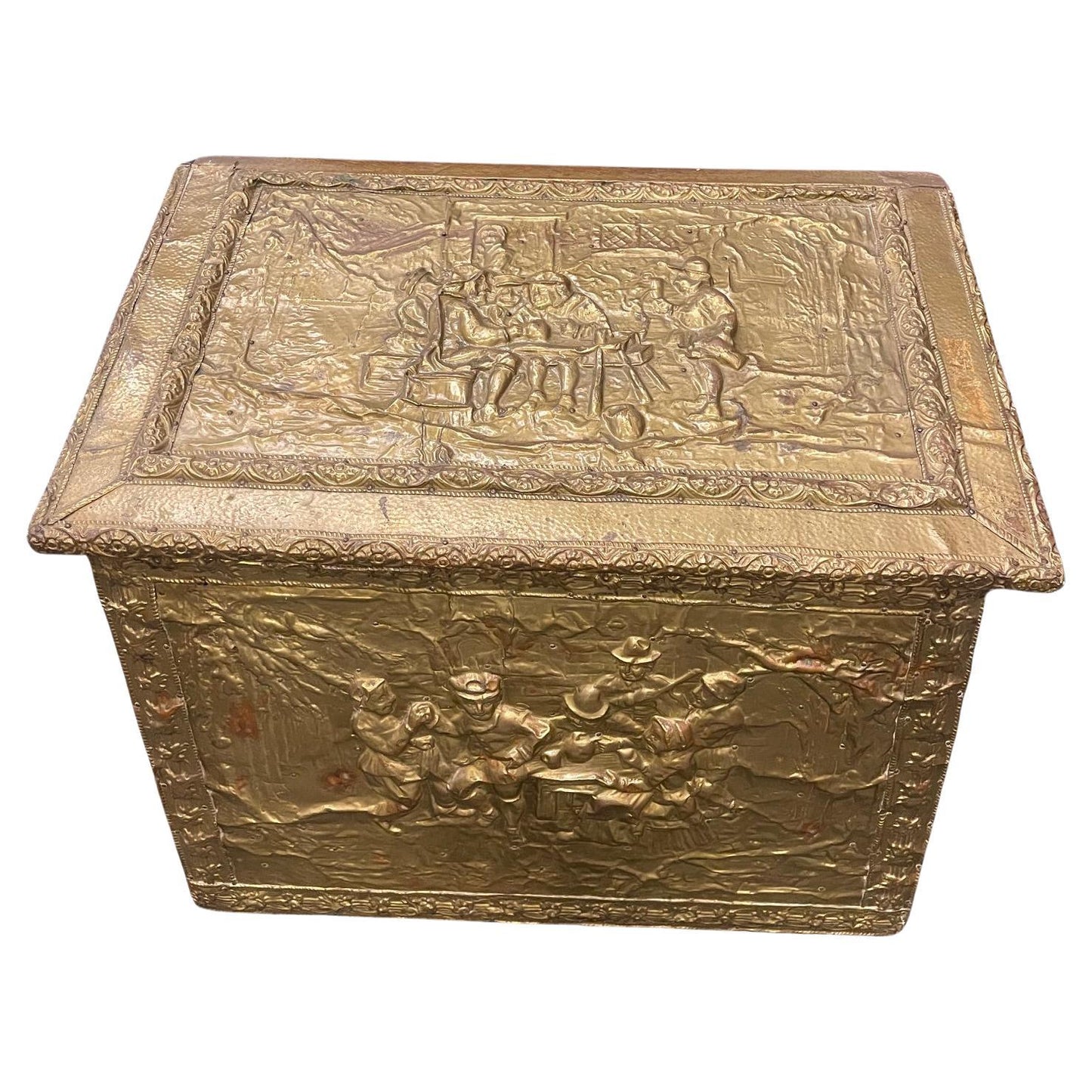 Firewood Coal Wood Repousse Box with Artistic Scenes Brass Panels, 19th Century