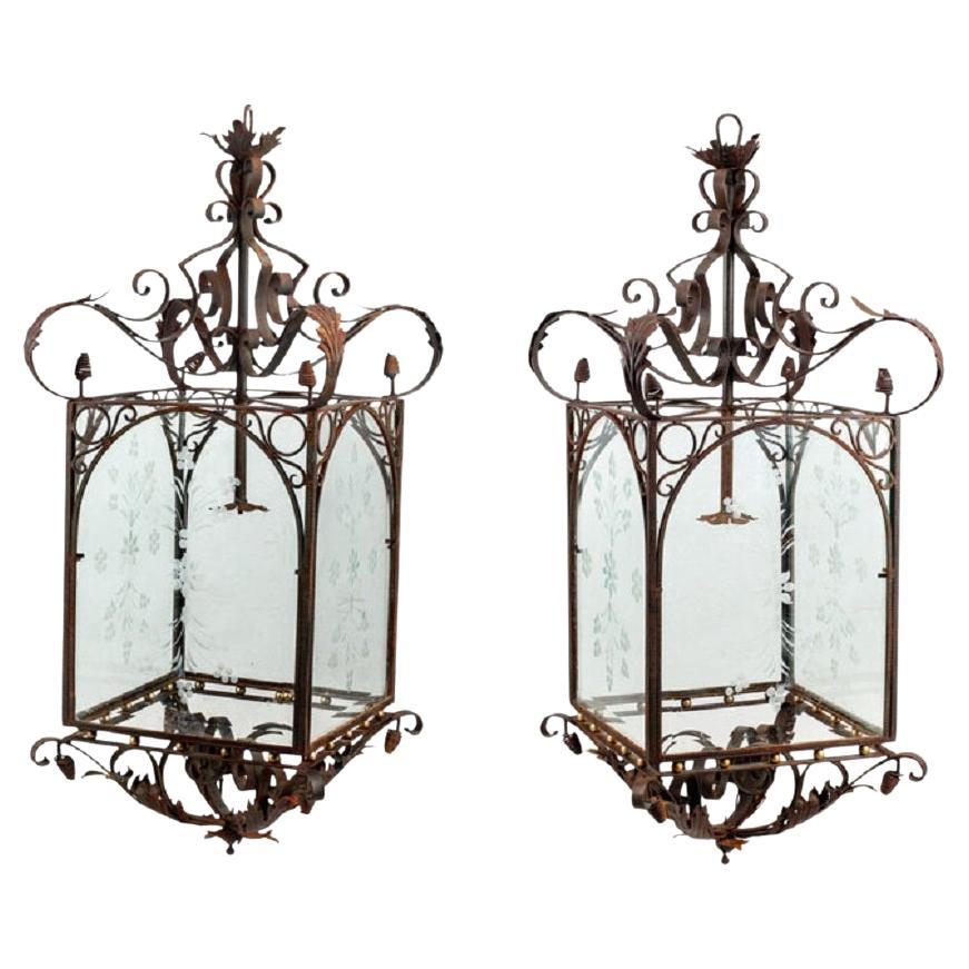 Pair of Large Continental Wrought Iron and Etched Glass Lanterns, 20th Century