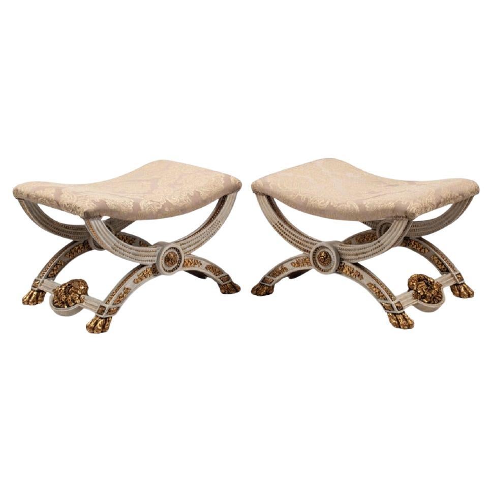 Pair of Continental Painted and Parcel Gilt Curule-Form Tabourets, 20th Century