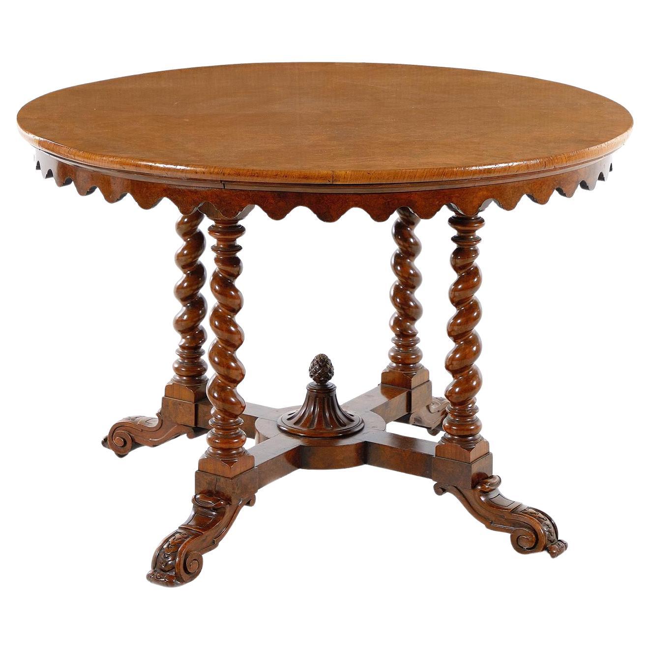 Victorian Walnut Center Table Barley Twist Supports Carved Feet, 19th Century