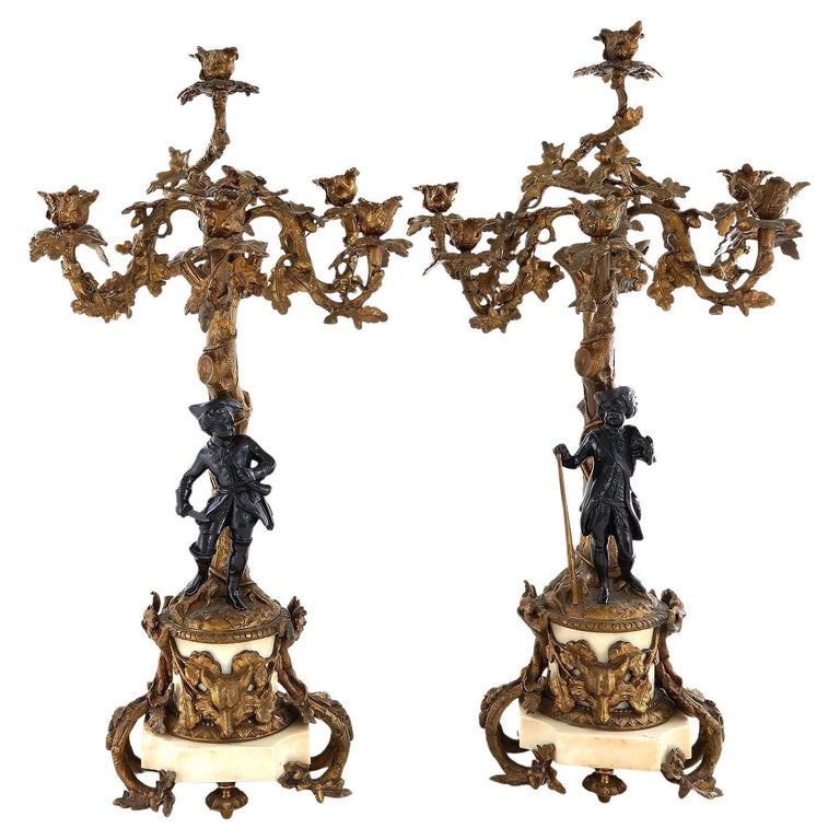 Pair French Bronze and Marble Six-Light Candelabras, 19th Century