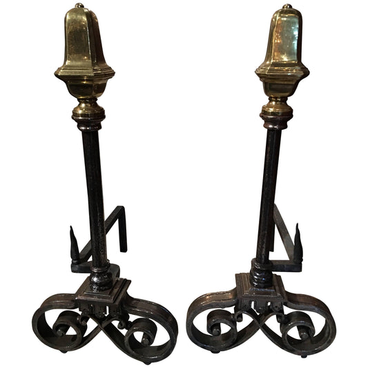 Pair of Polished Iron and Brass Chenets or Andirons, 19th Century