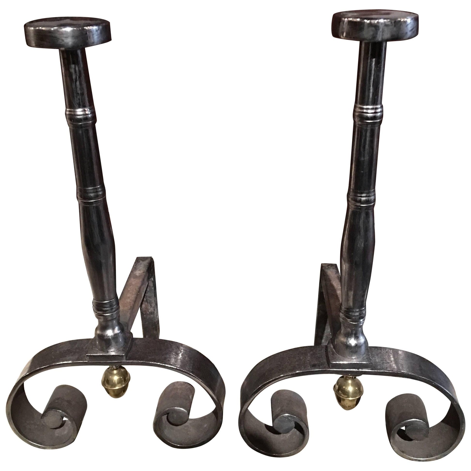 Pair of Polished Iron Chenets or Andirons, 19th Century