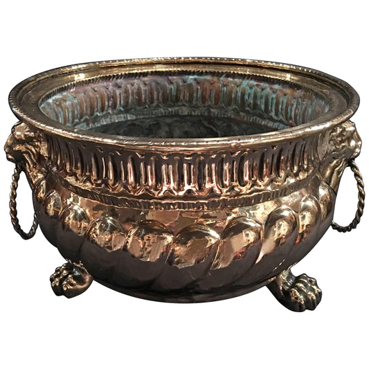 French Polished Brass Jardiniere with Lion Ring Handles, 19th Century