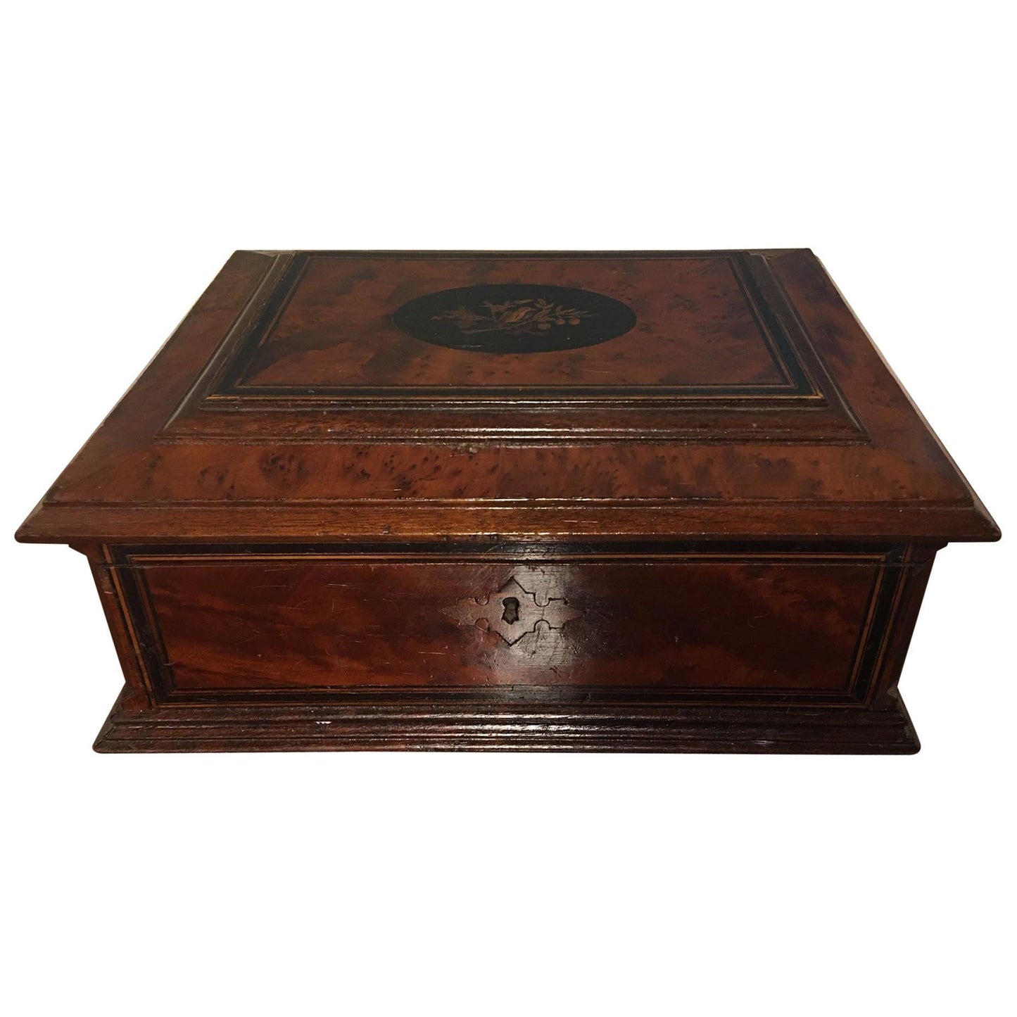 French Burl Walnut and Decorative Inlay Jewelry Box, 19th Century