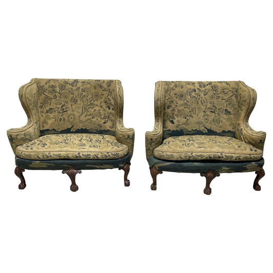 Pair of George II Style Carved Walnut Settees Needlework, 19th Century