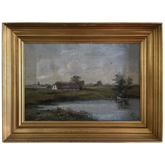 Framed Dutch Oil on Canvas Depicting a Landscape with a Windmill, 19th Century