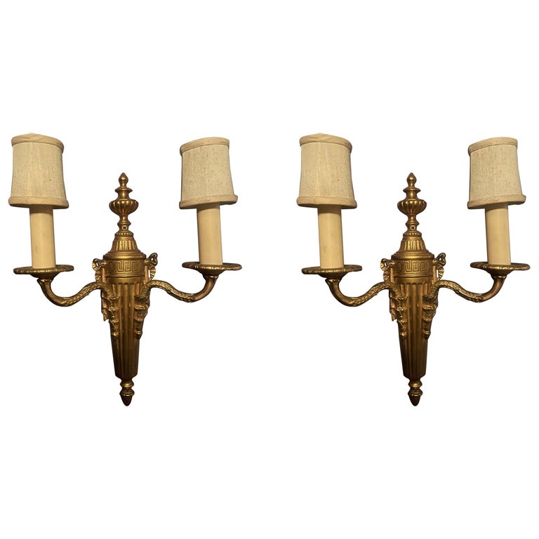 Pair of Bronze Dore Two-Arm Sconces with Shades, Late 20th Century