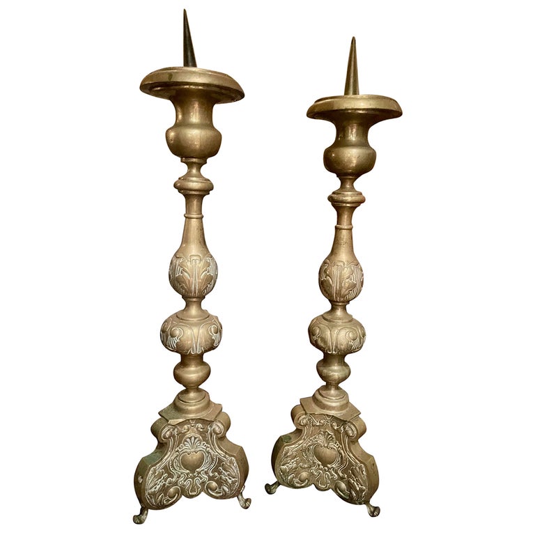 Pair of Tall Brass Repousse Church Prickets or Candlesticks, 19th Century