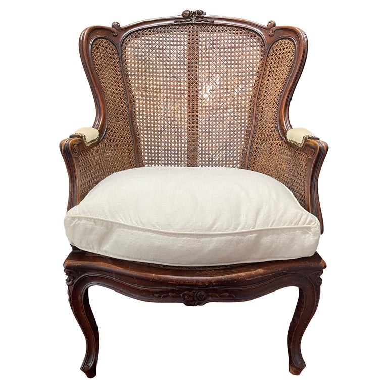 French Louis XVI Style Walnut Caned Bergere, Early 20th Century