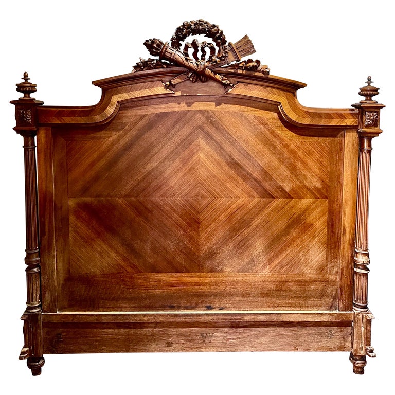 French Louis XVI Walnut Full-Size Headboard with Carvings, 19th Century