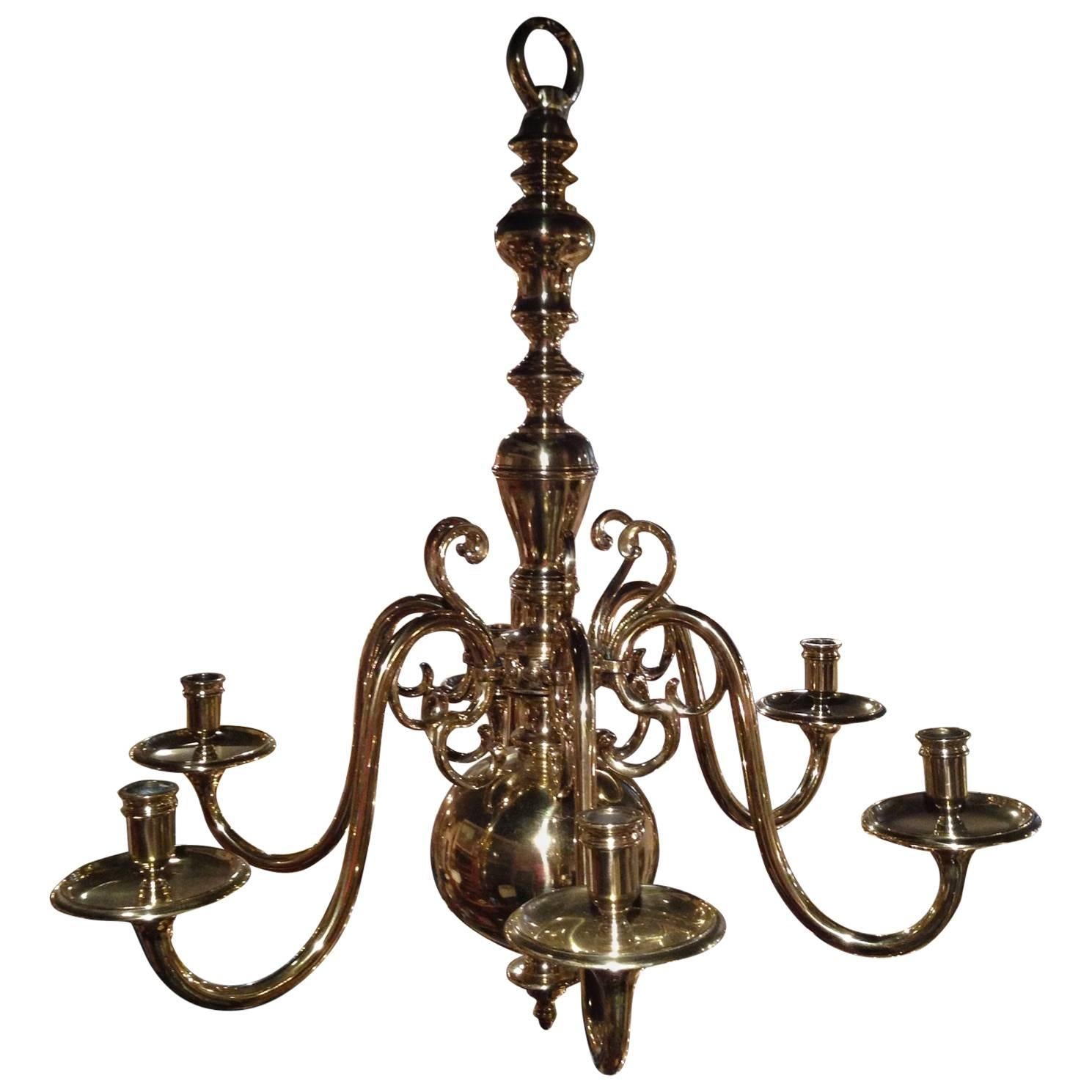 English Polished Brass Six-Light Chandelier, 19th Century