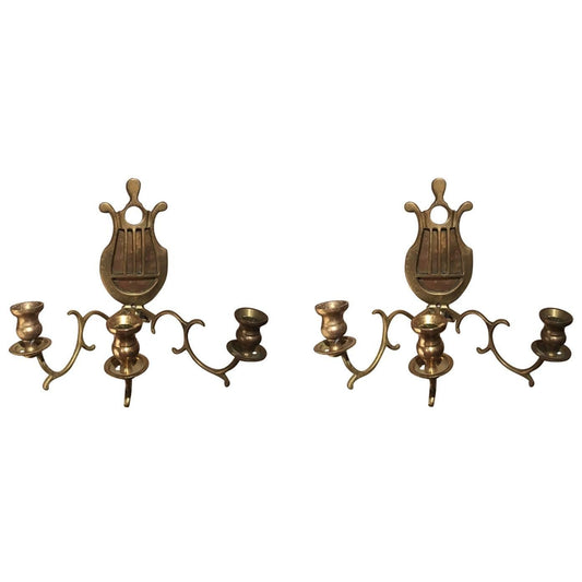 Pair of Brass French Three Candle Sconces, 19th Century