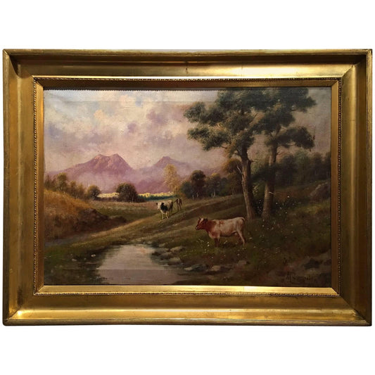 Italian Oil on Canvas by M Zampella, "Cows by Stream", Early 20th Century