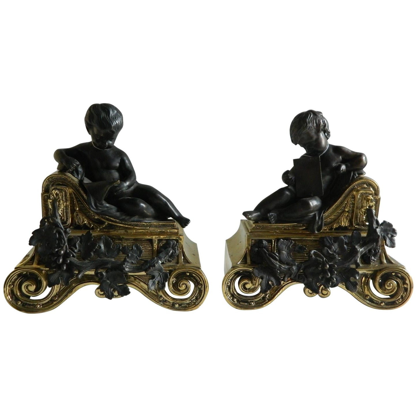 Pair of Polished Brass Chenets or Andirons with Bronze Cherubs, 19th Century