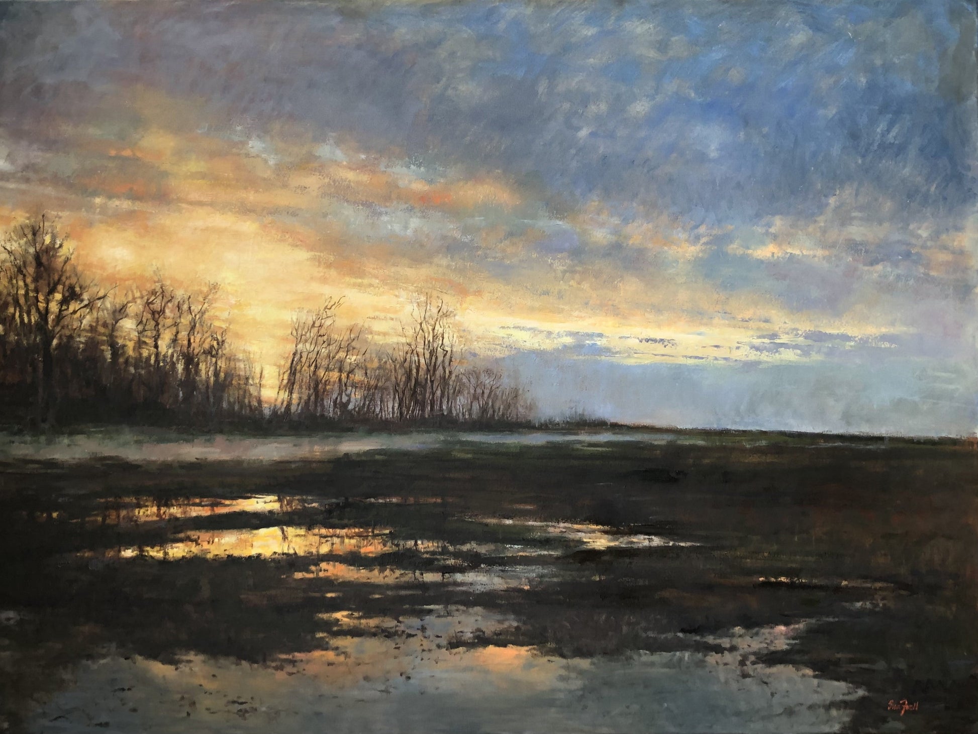 Framed Oil on Canvas Panel "Golden Twilight" by Sue Foell