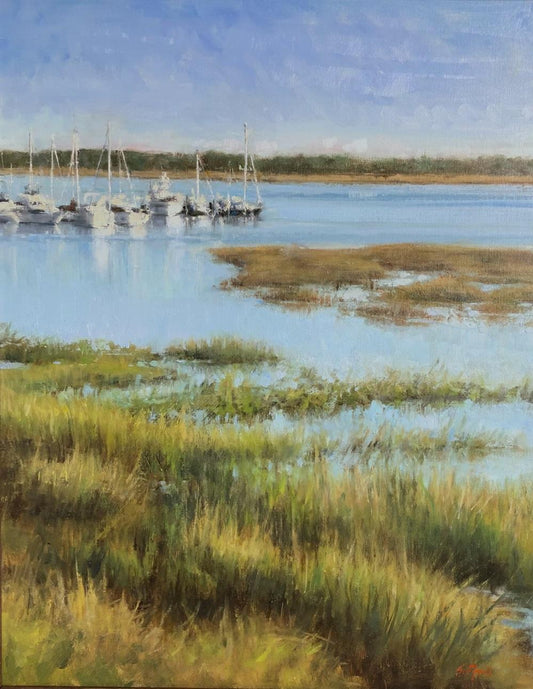 Framed Oil on Canvas Panel "Grassy Inlet" by Sue Foell