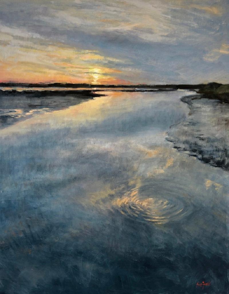 Framed Oil on Canvas Panel "Inlet Sunset" by Sue Foell