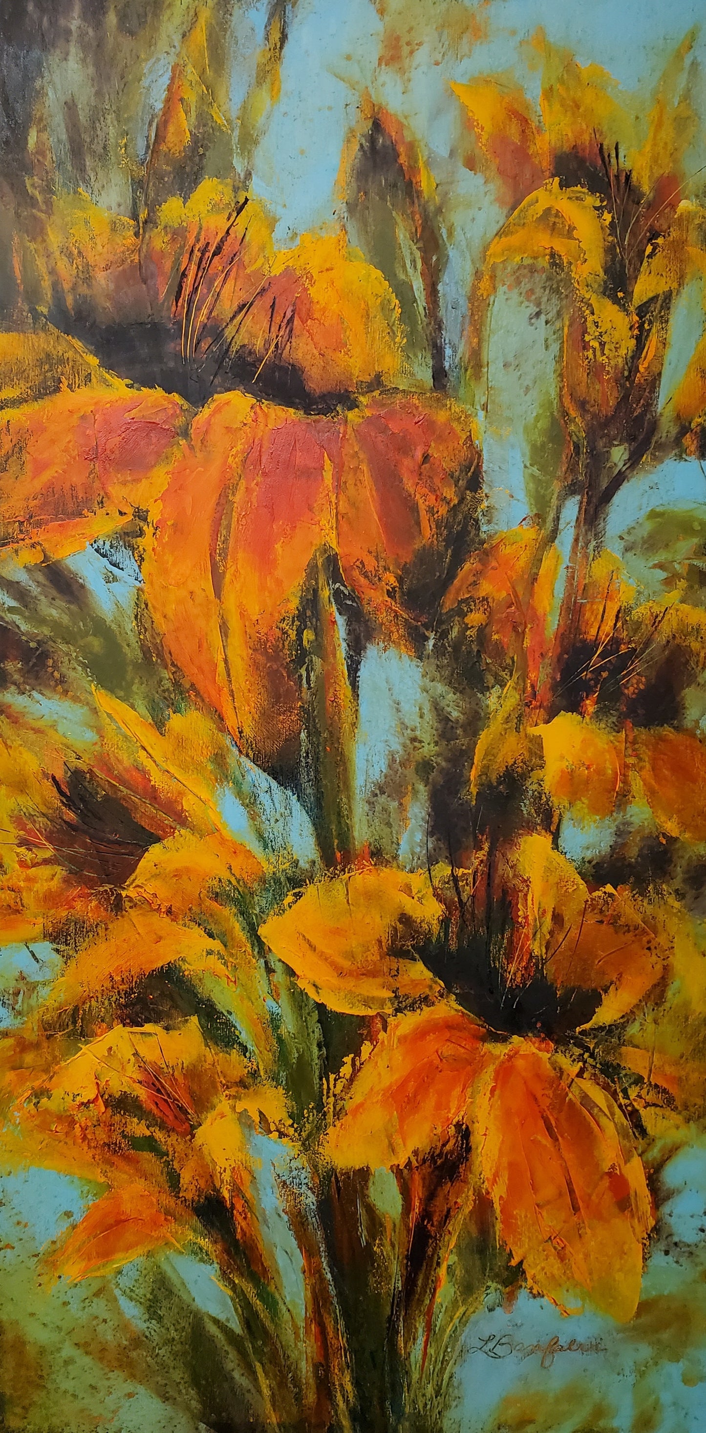 Lilies - Oil and Cold Wax on Craddled Wood Panel Painting