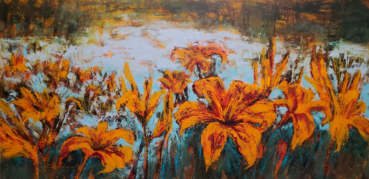 Lilies by The River - Oil and Cold Wax on Craddled Wood Panel Painting