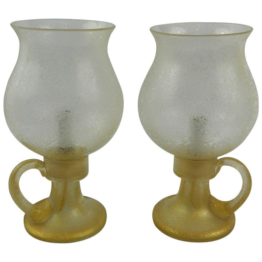 Pair of Circa 1940's Murano Glass Candle Holder Style Lamps with Globes