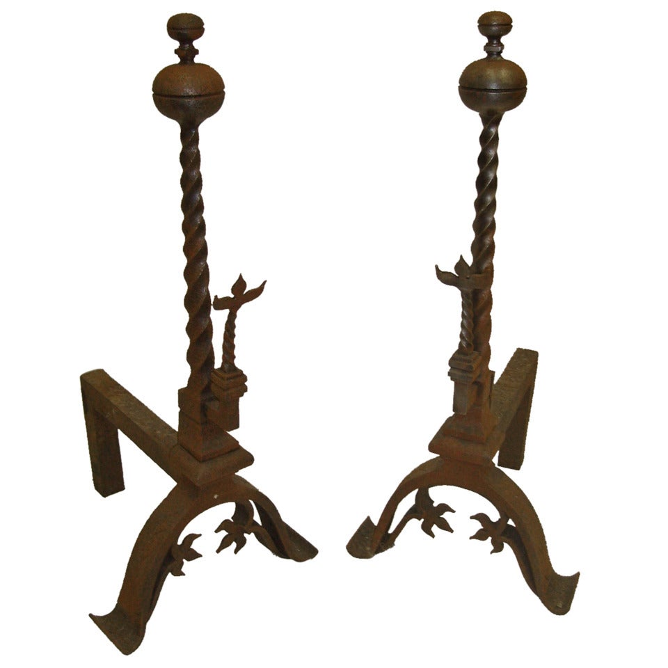 19th Century Pair of Decorative Iron Andirons or Chenets