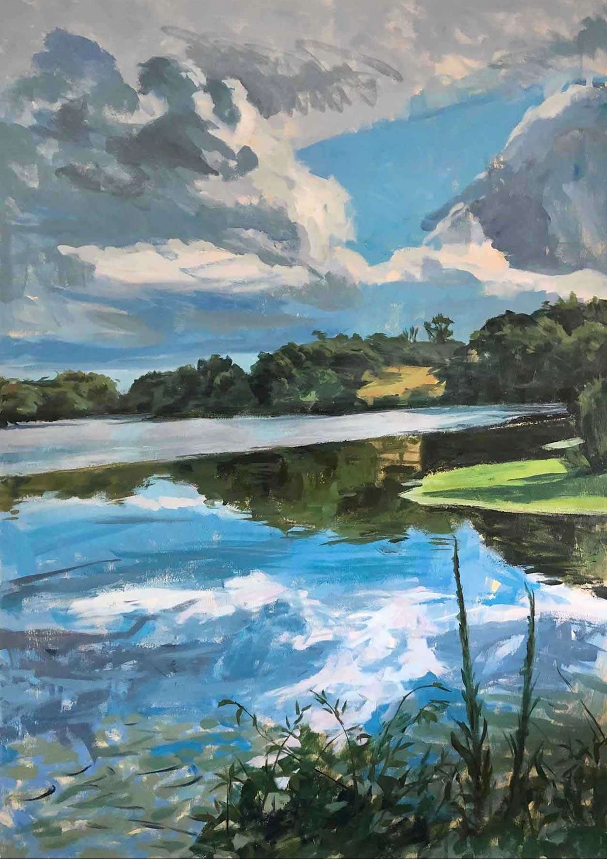 Framed Oil on Canvas "Water Sky Rockfeller Lake" by Susan Stillman