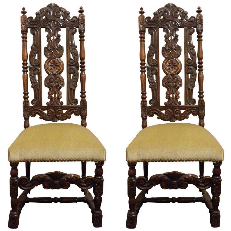 Pair of French Carved Walnut Hall Chairs, Circa 1840