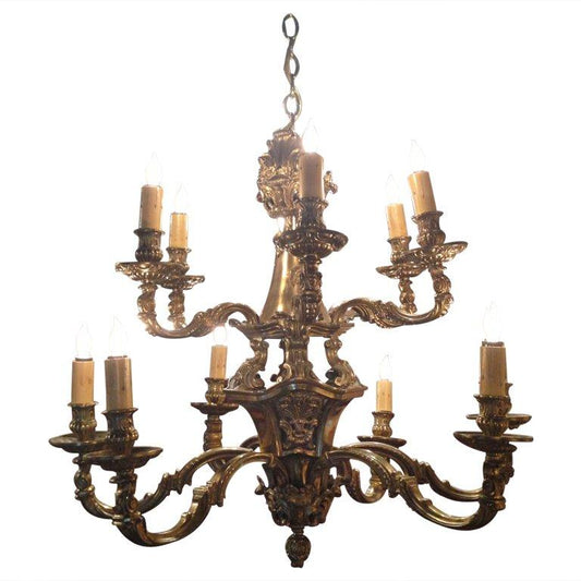 19th Century Large Bronze Two-Tier Twelve Light Chandelier