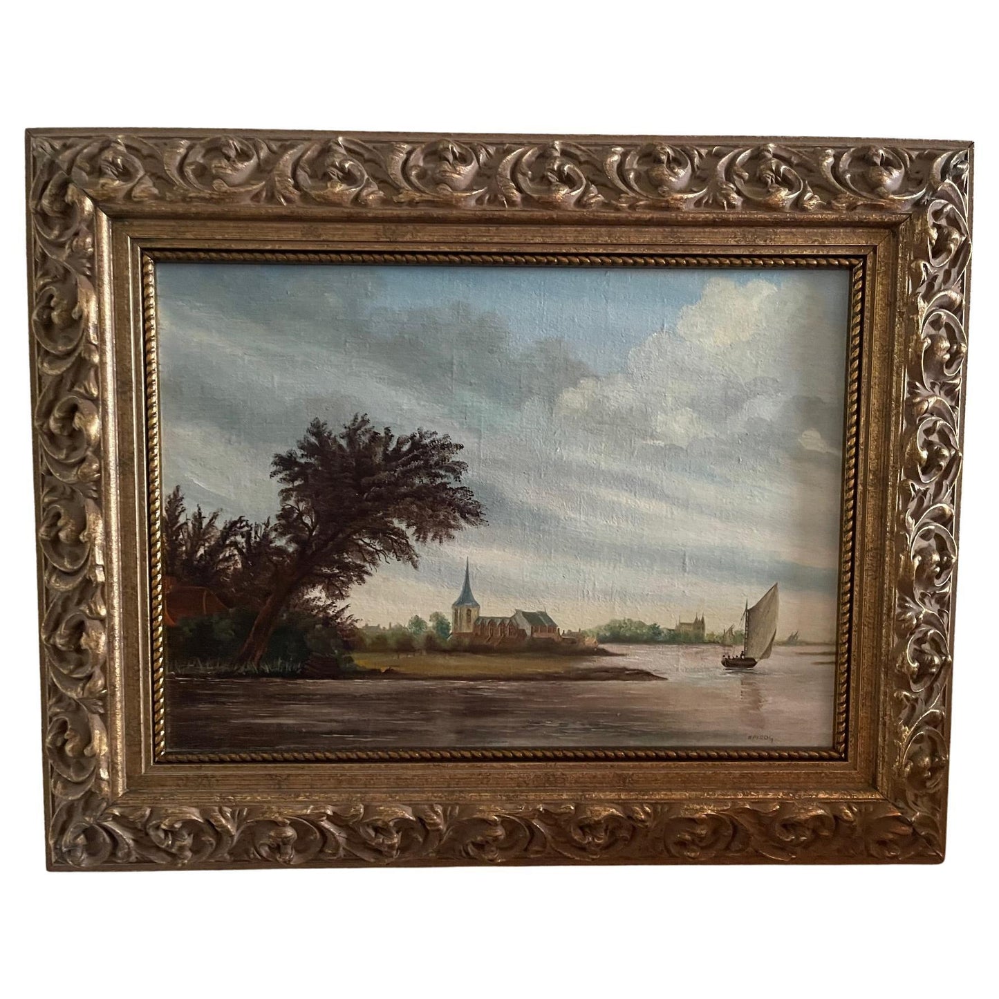 Framed Flemish Oil on Board depicting Shore of the Bay, 19th Century