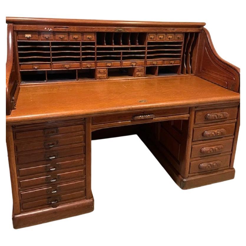 Derby School Paneled Oak Roll Top Desk with Full Interior, Circa 1900