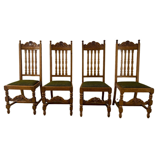 Set of Four Arts & Craft Oak Dining Chairs with Lattice Backs, Late 19th Century