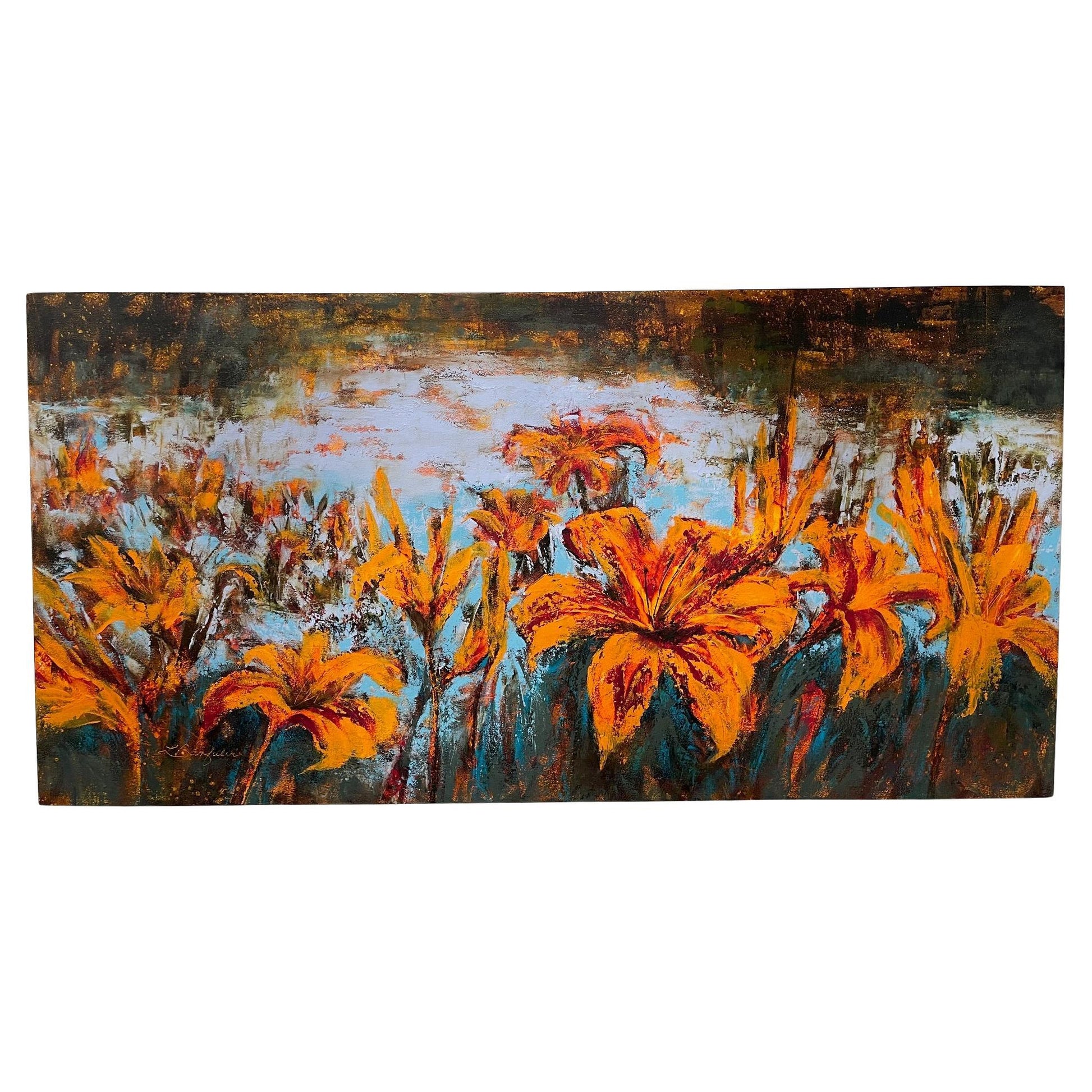 Oil on Canvas "Lilies by the River" Florals Scene by Linda Banfalvi