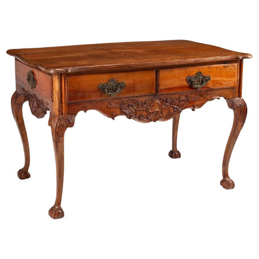 Dutch Carved Walnut Table with Two Drawers, 19th Century