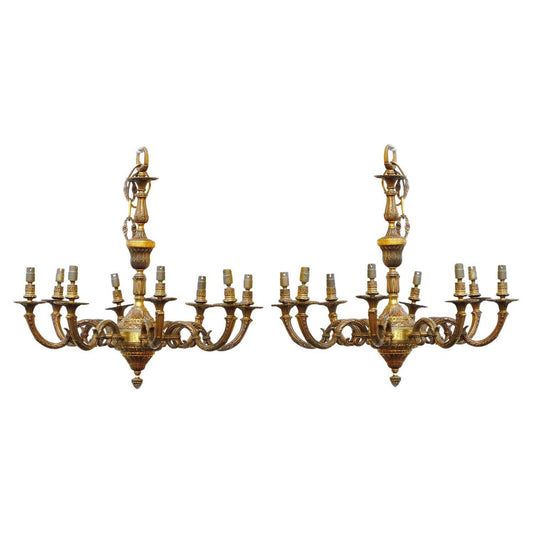 Pair English Brass Eight-Light Chandeliers, Early 20th Century