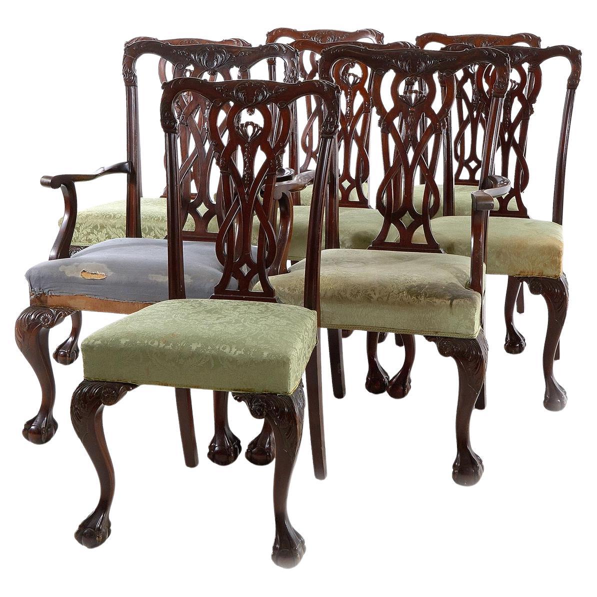 Set of Eight Chippendale Style Carved Mahogany Dining Chairs, Circa 1900